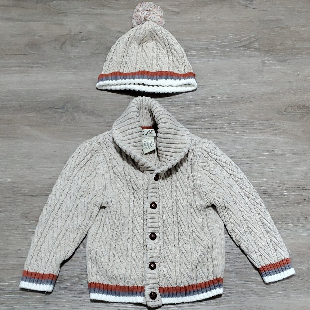 Cozy Cable Knit Kids Cardigan and Hat Set - Cream